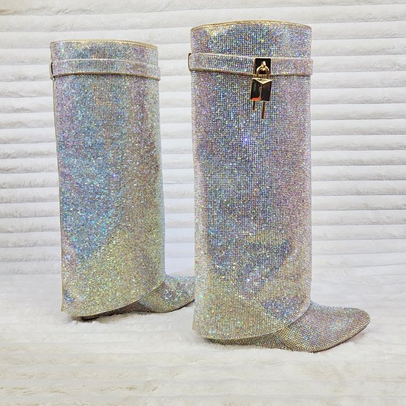 Super Sparkle Sharky Skirted Fold Over Wedge Heel Knee Boots - Picture 3 of 8